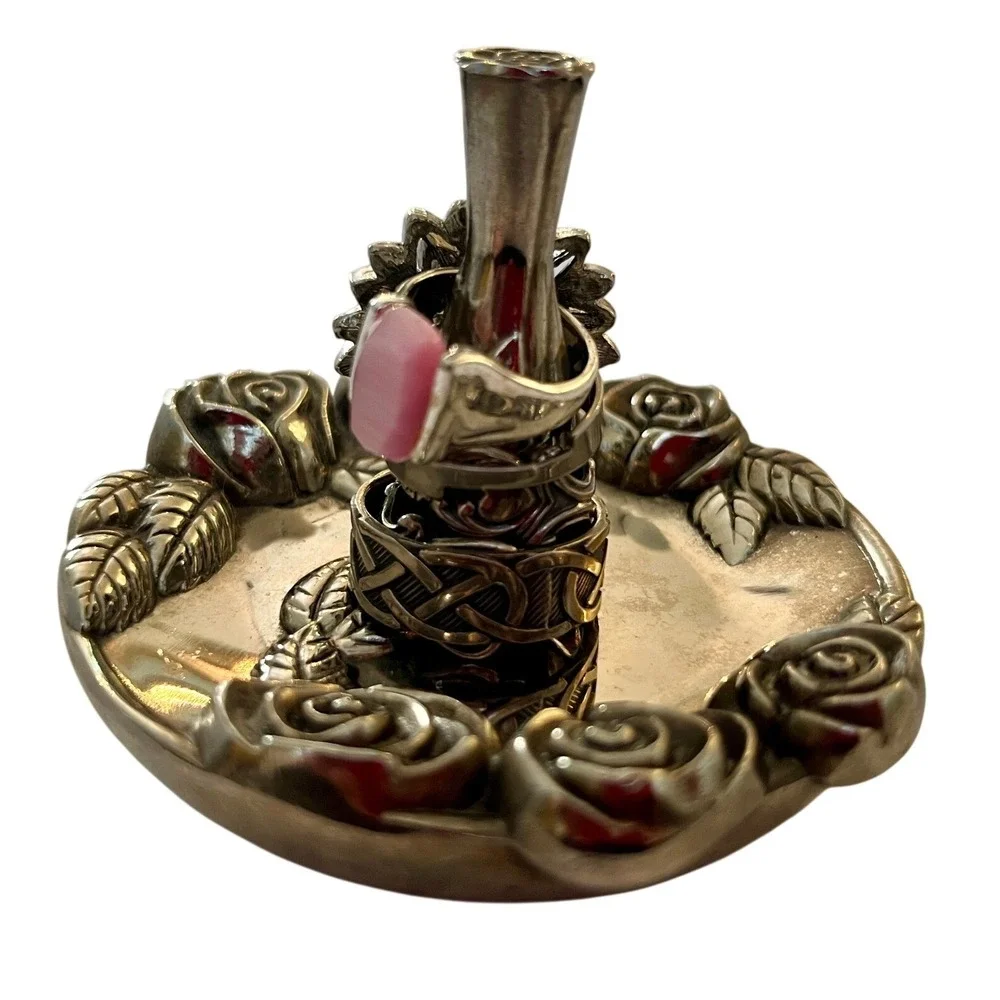 Vtg Heavy Silver Plated Rose Ring Holder Jewelry Tree Vanity Decor Floral 12oz